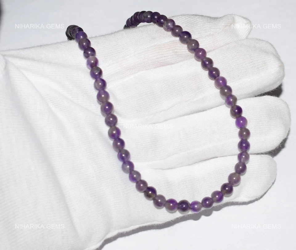 Colar de contas redondo liso de pedra de ametista esposa Natal prata esterlina 925 - Imagem 4 de 4