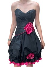 Vtg 80s Sz S Strapless Dress Prom Party BOW Bubble Skirt Black Hot Pink Taffeta