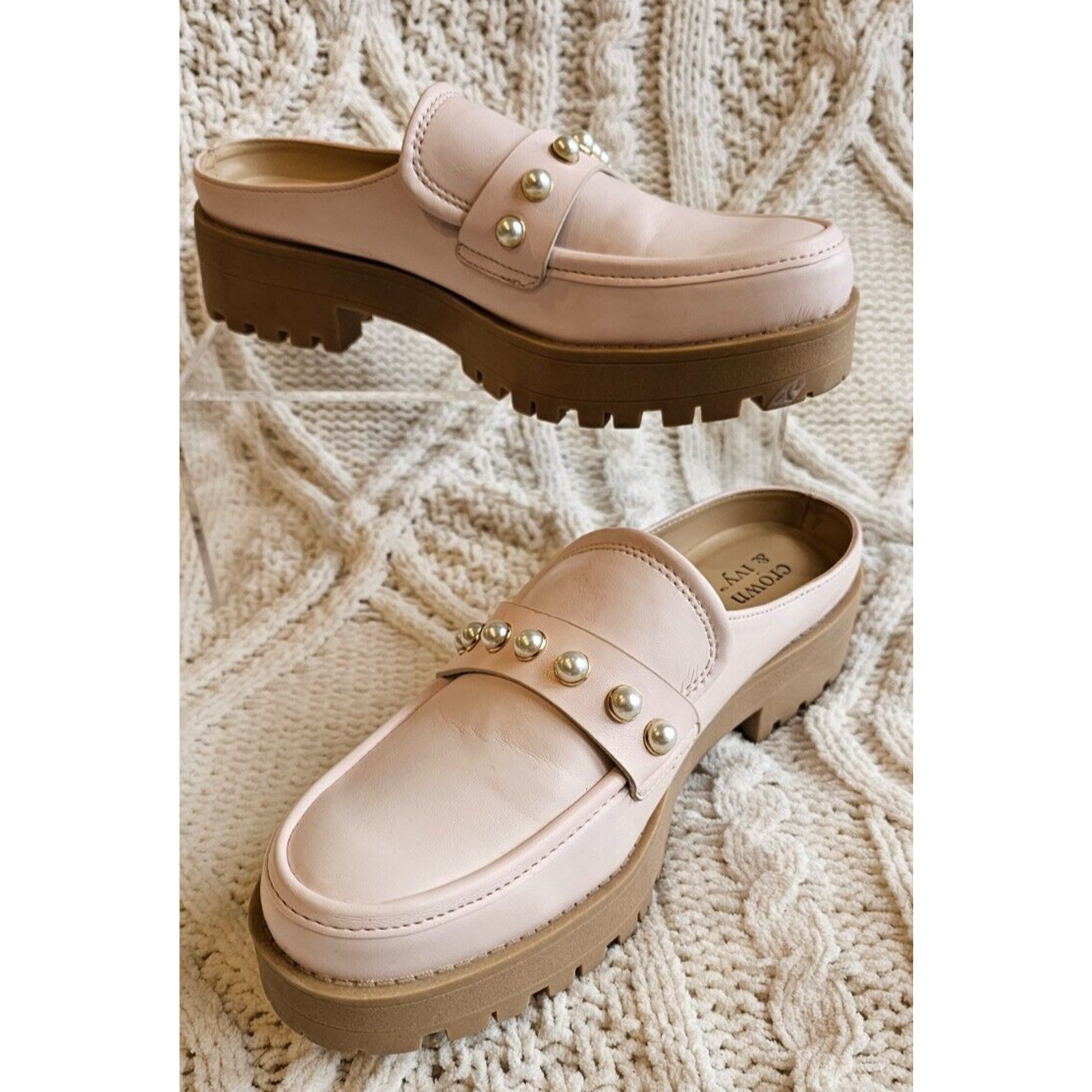 SAOLA NUOVO mocassino rosa corona ed edera mules suola a strappo dettagli perlati stile Elle Woods taglia 7M