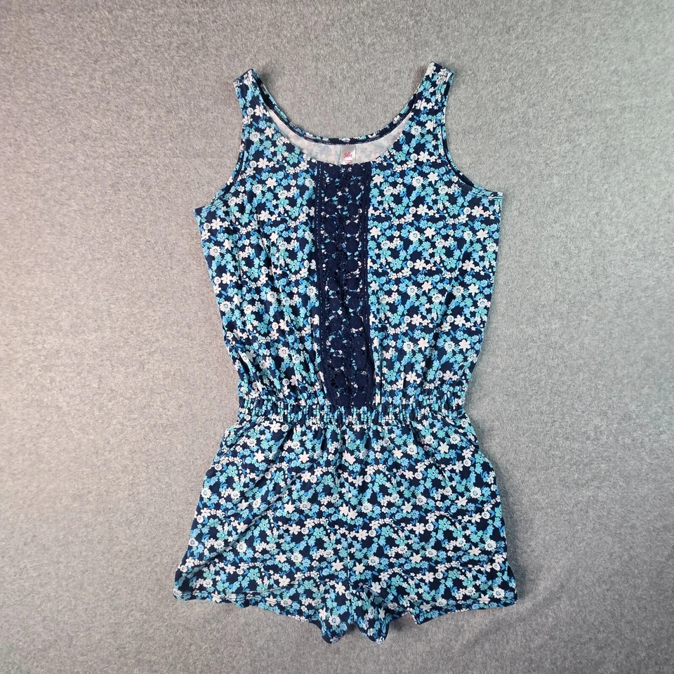 Justice Girls Blue Floral Culottes 16 One Piece Shorts Tank Crochet Embroidered - Image 2 of 4