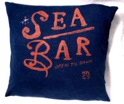 SEA BAR NYC T-shirt Pillow cover Handmade 16 x 16 inch dark blue orange graphic