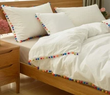 Luxury Washed Cotton Made Edges ColorFul Pom-pom Tassel Beddiing Duvet Cover Set