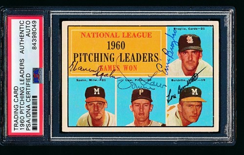 1961 Topps SIGNED Wins Leaders #47 SPAHN BROGLIO - SIGNED BY ALL 4! - PSA/DNA