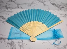 Sky Blue Wooden Chinese Hand Held Personal Cooling Fan 8" w/Sheer Bag