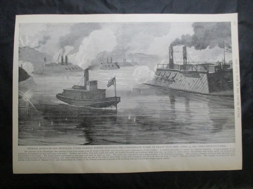 1885 Civil War Print- Gunboats Attack Confederate Works, Grand Gulf, Mississippi