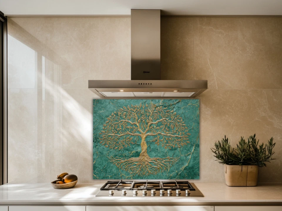 Árbol de la Vida Splashback Diseño Dorado en Mármol Verde Estufa Endurecida Salpicadero Foto 4 de 4