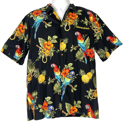 Genentech Retreat Parrots Ukes Pineapples Floral Hawaiian Shirt size Large Mens - Picture 2 of 5
