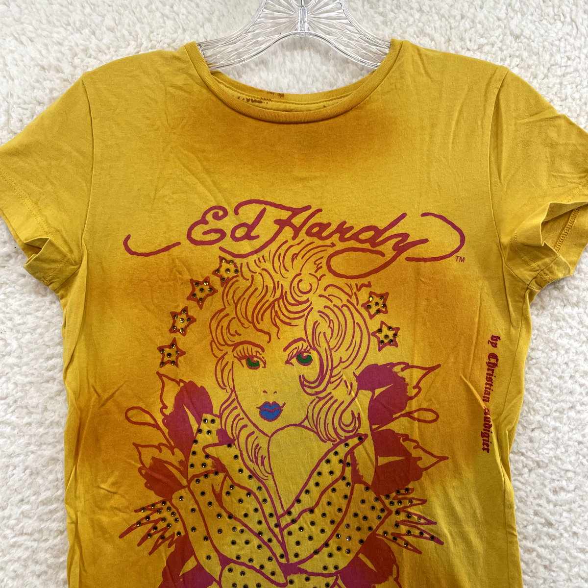 Y2K Vintage Ed Hardy Top Shirt XS Small Yellow Rhinestone Cyber