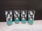 Vintage Libbey Highball Tumbler Glasses MCM 16 oz. Teal Stripe White Leaf A2