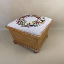 Vintage Wooden Storage Box Embroidered Floral Upholstered Top Chest Trunk Square