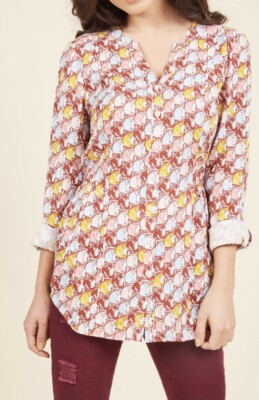 Modcloth Trusty Travel Button Up Back Tie Tab Sleeve Cat Lady Print Size Small