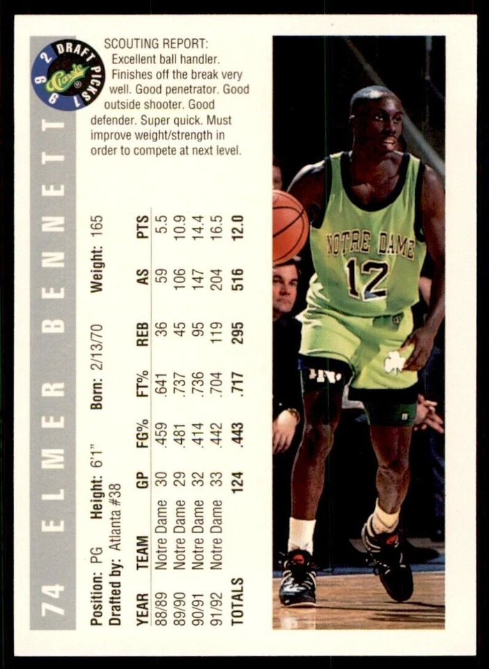 1992-93 Classic Draft Elmer Bennett . Notre Dame Fighting Irish #74 - Image 2 of 2