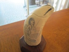 Mermaid Cultivated Ivory RESIN Figurine ENGRAVED SEAHORSE ON WOODEN BASE