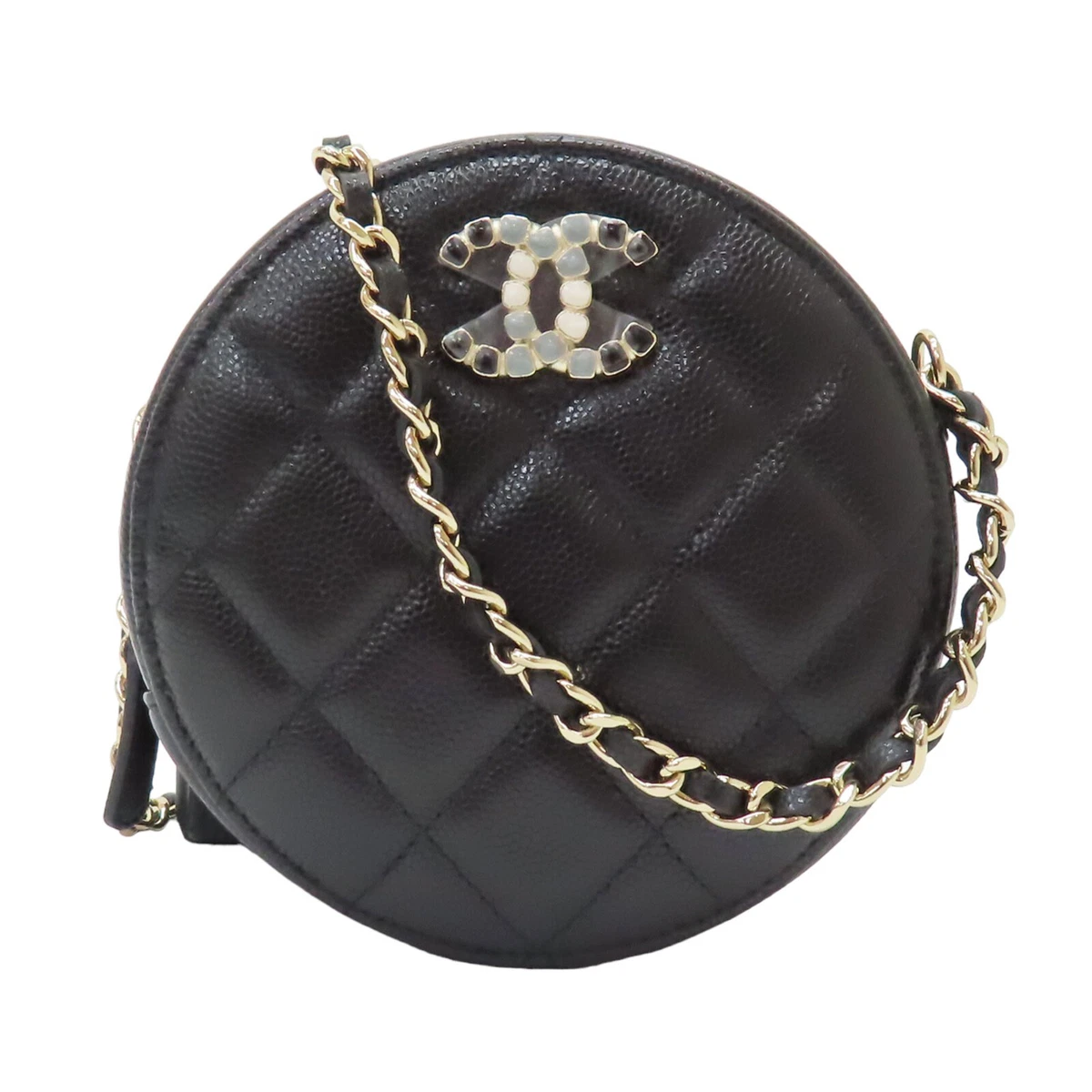 Chanel Round Quilted Caviar Leather Clutch Crossbody Bag Black