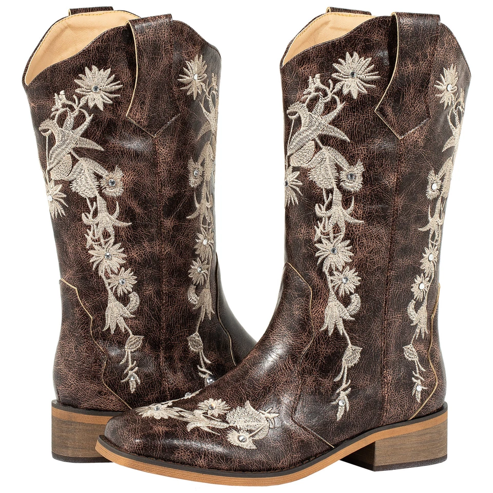 Botas vaqueras SheSole para mujer con estrás florales punta cuadrada Western Country Foto 2 de 2