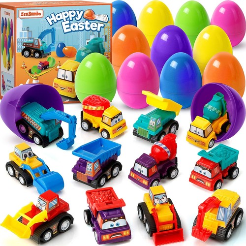 ZenBombs 12 Plastic Easter Eggs Filled with Pull-Back Engineering Toys Gift f...