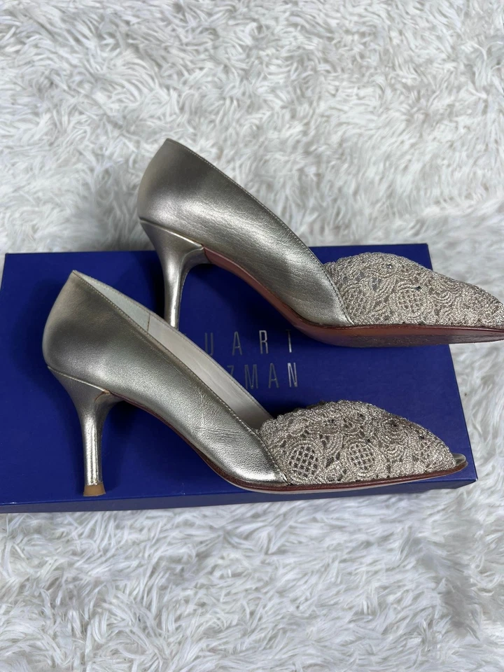 Туфли женские Stuart Weitzman размер 7,5 золотистые шантильи кружевные с открытым носком на каблуках нарядные - Изображение 2 из 4