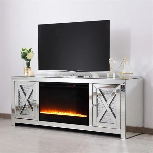 Elegant Decor Modern 2 Door 59" Clear Mirrored Crystal Fireplace TV Stand - Picture 2 of 10