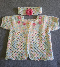 Handmade Crochet Flower Cardigan Headband Set Baby Girl 6-12 M Christmas Gift