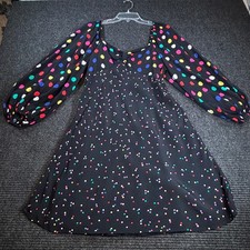 Rixo London Multi Color Polka Dot Puff Sleeve Mini Dress Black Square Neck Sz 0