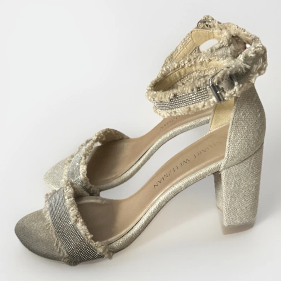 Sandalias Stuart Weitzman Nudistchains de lona dorada bloque de tweed EE. UU. 8 M Foto 2 de 4