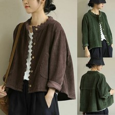 Women Corduroy Blouse Shirt Coat Casual Jacket Top Lace Button Loose Outwear New