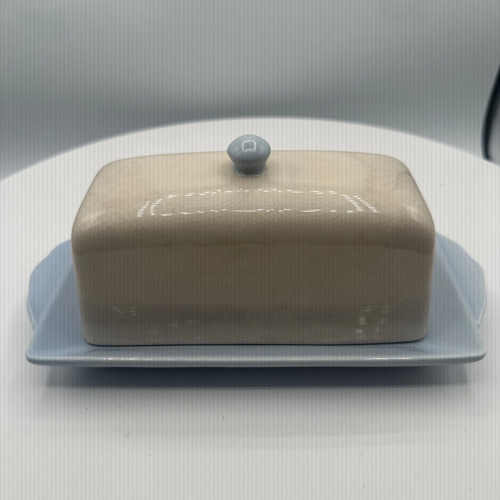 Ceramic Butter Dish with Lid Two-Tone Cream and Blue Stoneware Farmhouse Decor