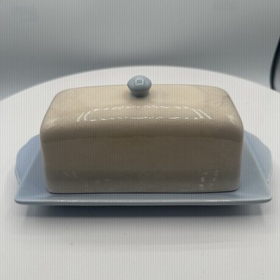 Ceramic Butter Dish with Lid Two-Tone Cream and Blue Stoneware Farmhouse Decor