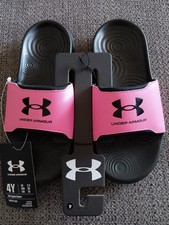 NWT UNDER ARMOUR GIRL'S IGNITE SELECT SANDALS/ SLIDES PINK/BLACK SIZE 4Y,,LOOK