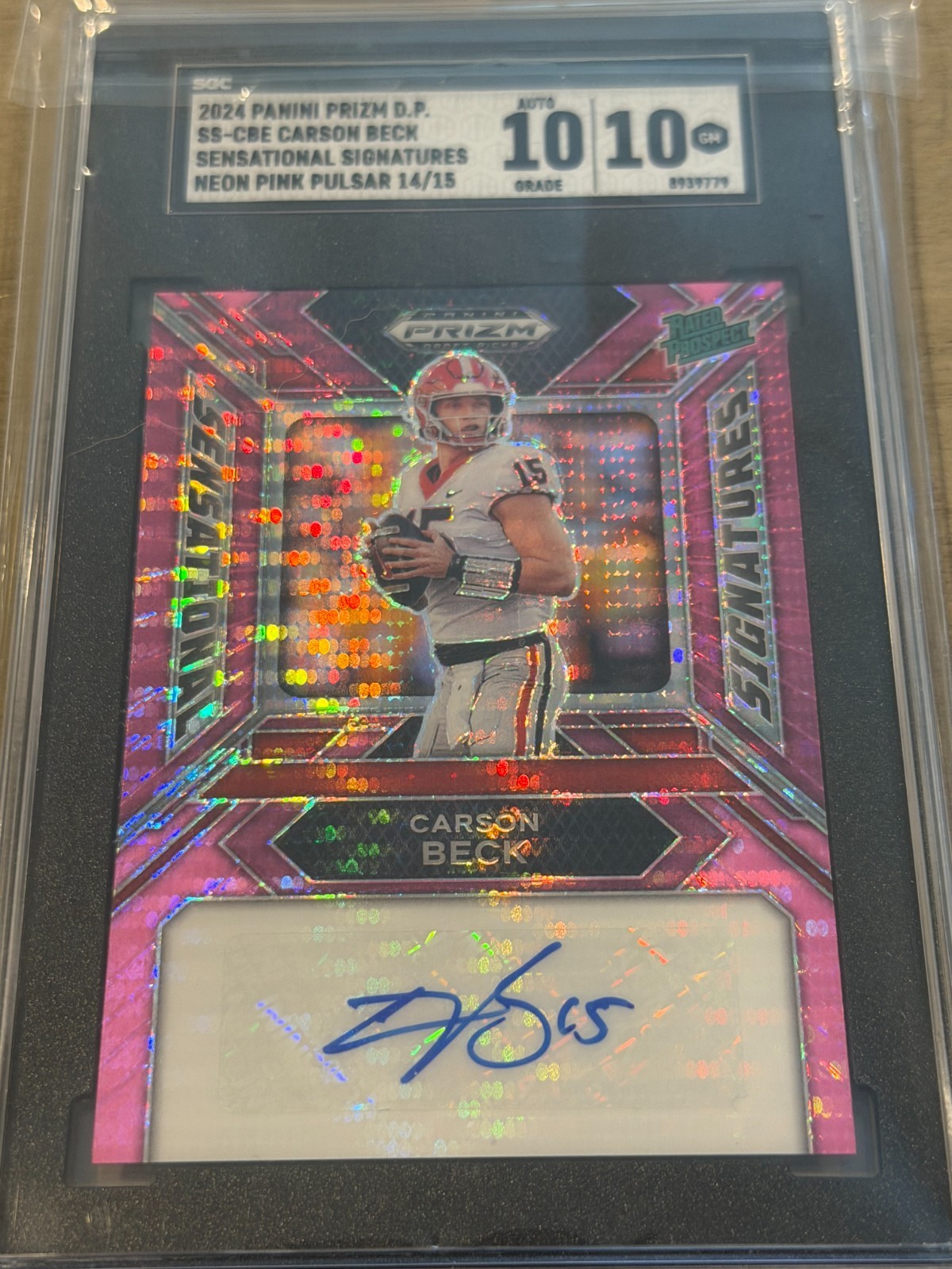 Carson Beck 2024 Prizm Draft Picks Auto Neon Pink Pulsar 14/15 Sen Sig GRADED 10