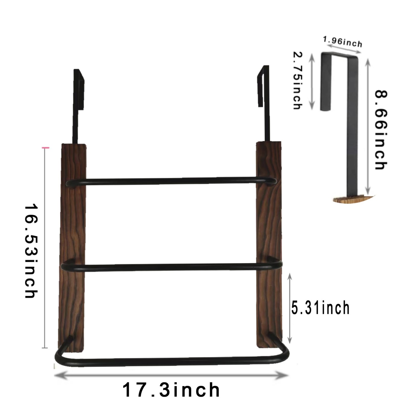 No Punching Over The Door Towel Rack, 17 Inch 3 Tier Solid Wood and Matte Bla...