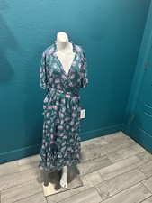 Draper James RSVP Dress Green/Purple Floral Midi Wrap Crinkle Chiffon S