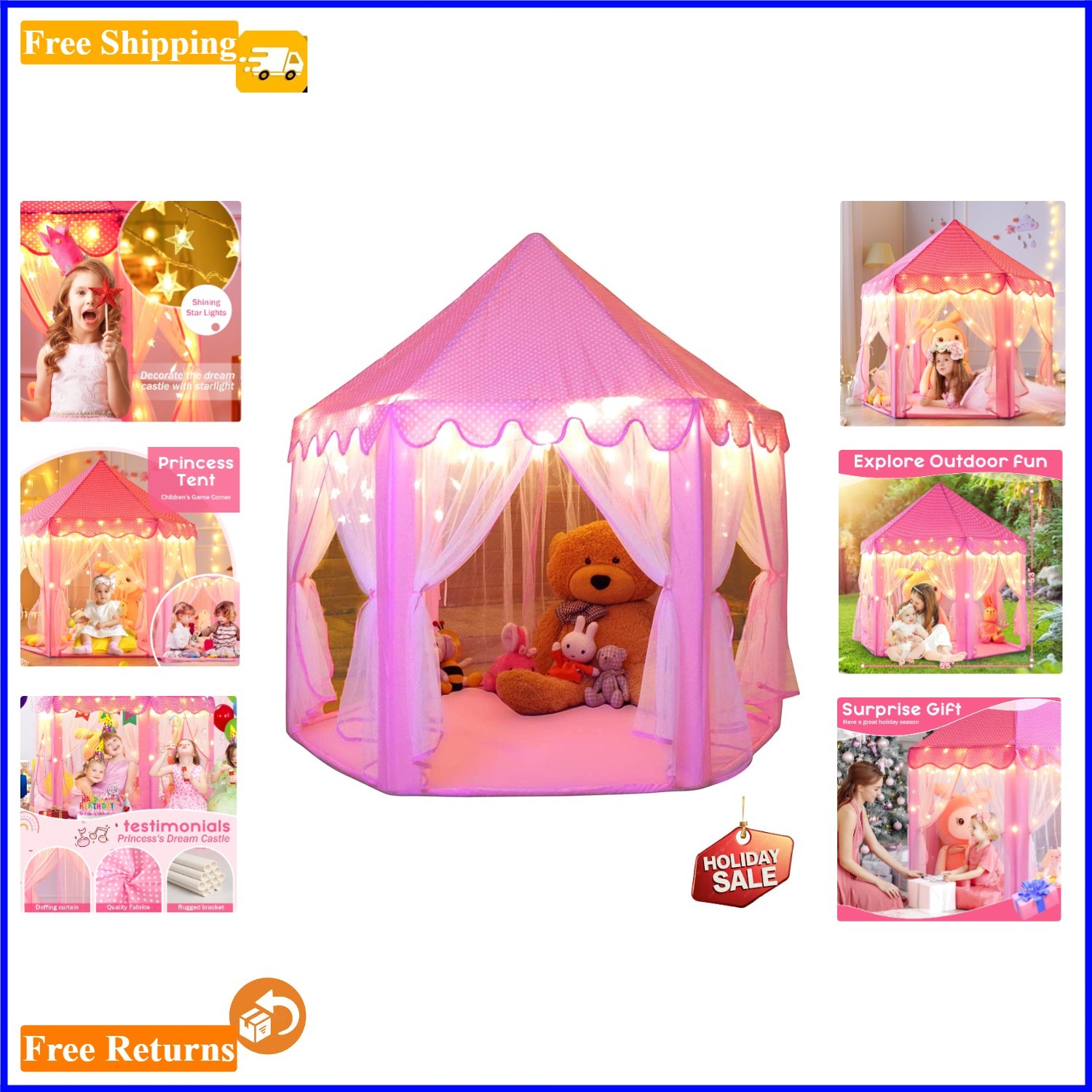 Princess Castle Play Tent for Kids with Star Lights - 55'' x 53'' Indoor/Outdoor