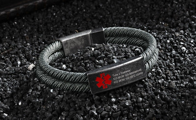 Engraved Vintage Rustic Men's Stainless Steel Medical ID Bracelet - Black