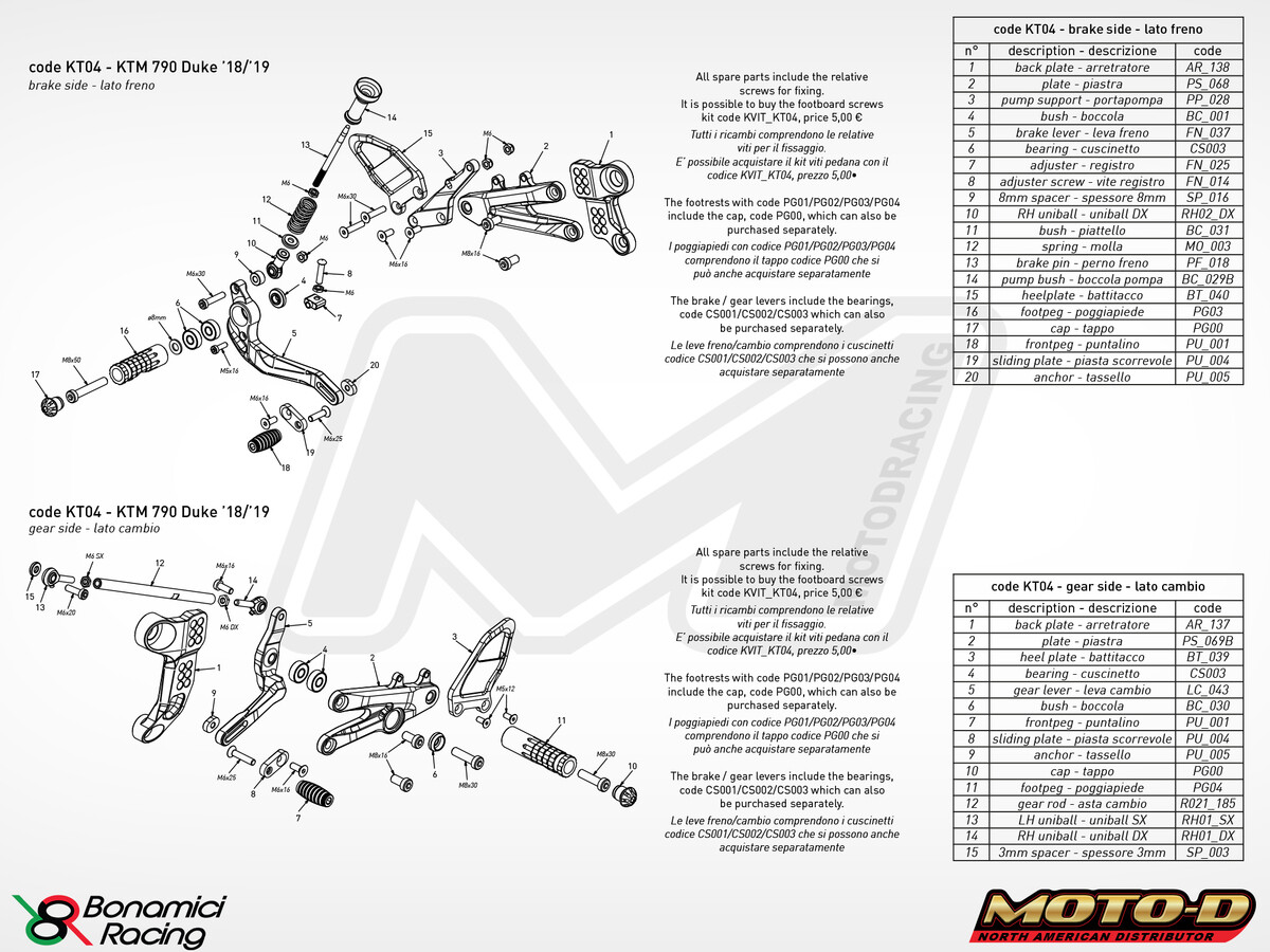Bonamici 2018+ KTM Duke 890 790 Adjustable Rear Sets Rearsets Foot Pegs