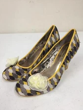 Poetic Licence Size 8 1/2 Women's Woven Heels Flower Toe Accent Gray Yellow