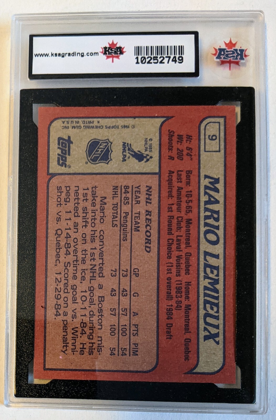 9 Mario Lemieux 198586 TOPPS Rookie Hockey Card Oilers Graded KSA