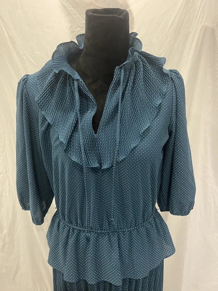 Vestido De Colección Años 80 Verde Lunares Ajuste Acampanado Secretaria Falda Plisada Volantes 13/14 Foto 2 de 4