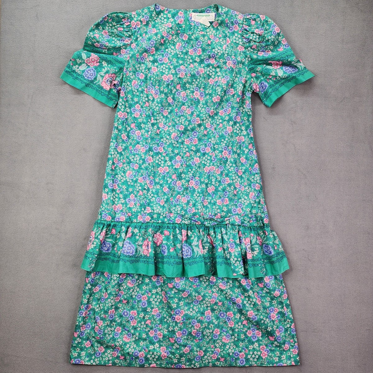 Vtg Jane Schaffhausen Belle France Drop Waist Green Floral Dress