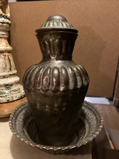 Antique Matching Pair  Middle Eastern Copper Lidded 11” Urn & 9” Bowl Signed