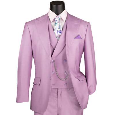 VINCI Men's Lavender Textured 3pc Modern Fit Suit w/ Adjustable Waist - NEW
