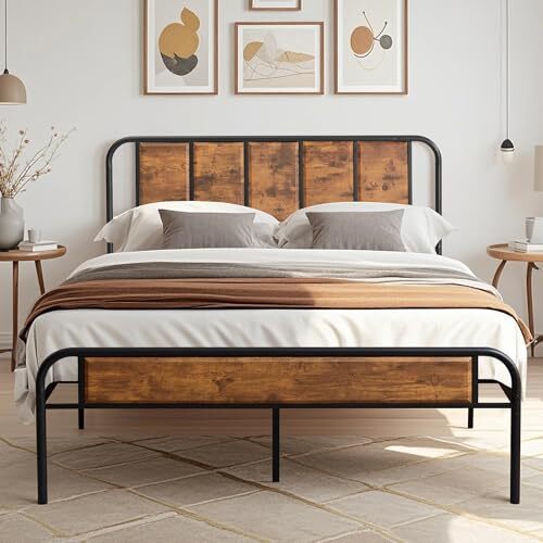 Queen Brown Platform Bed Frame with Wood Headboard and Sturdy Steel Slats-image