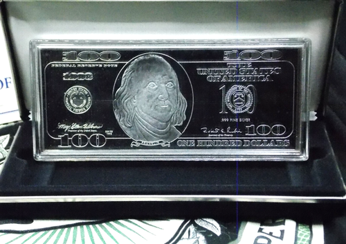 1998 $100 One Hundred Dollar Note Style 4oz .999 Silver Art Bar Case & COA 16919