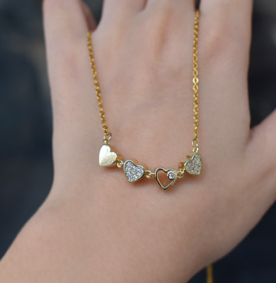 Gold Titanium Magnet 2-Way Wear Love 4 Heart Flower Clover Pendant Necklace