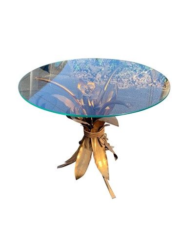 1960s Hollywood Regency Gold Wheat Sheaf Round Glass Top Flower Accent Table - Picture 4 of 5