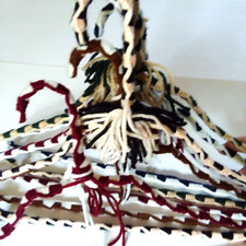 Crocheted Hangers 6 VTG 70's Pom Poms Handmade Metal Boho Retro Granny Knit