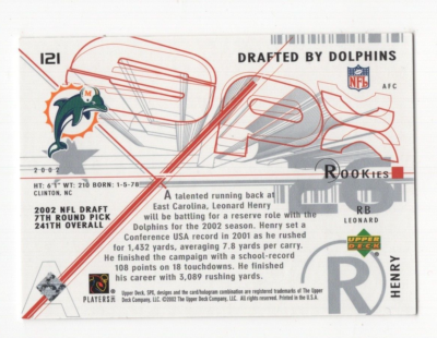 2002 UD SPX FOOTBALL ROOKIE LEONARD HENRY MIAMI DOLPHINS #121 1496