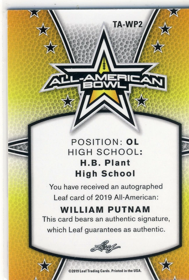 WILLIAM PUTNAM 2019 Leaf Army All American TOUR SHIMMER /6 AUTO RAIDERS - Image 2 of 2