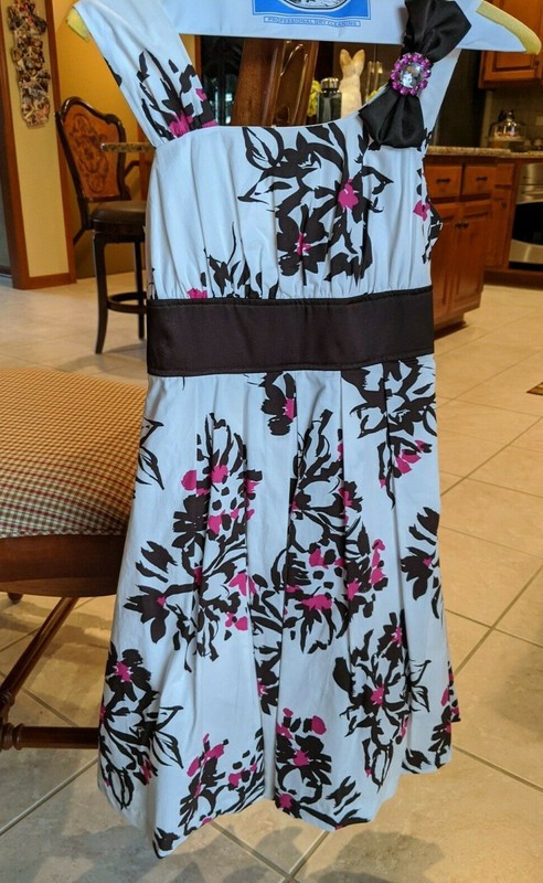 Kid's White Dress With Brown/Pink Floral Pattern (Size 14)