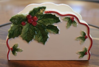 Mary Ann Baker Otagiri Holly Berry Ceramic Napkin Holder w/Orig Box Japan